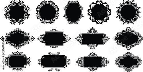Vintage ornamental frame collection flat vector twelve decorative label shapes close up ornate border designs for badges emblems packaging and stationery elegant black silhouette mockup set