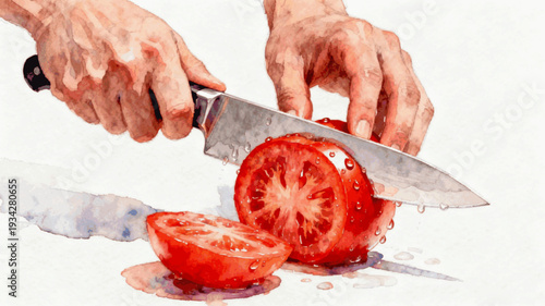 Kitchen Knife Skill The chef's hands are slicing tomatoes isolated watercolor vector illustration svg

