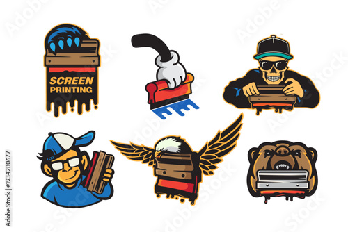 Colorful vector illustration set of screen printing mascot logos, bold cartoon characters and creative print shop elements. skull, monkey, eagle, bear emblem design, isolated on white background