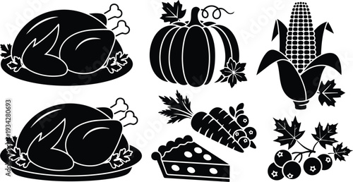 Flat design overhead view of roasted turkey platter with pumpkin corn carrots slice of pie and berries in harvest still life minimal bold vector silhouette