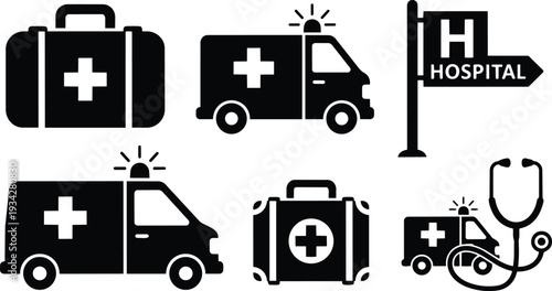Minimalist vector icons set showing ambulance and medical bag with stethoscope hospital sign close up flat design black silhouettes for emergency medical services detailed side view