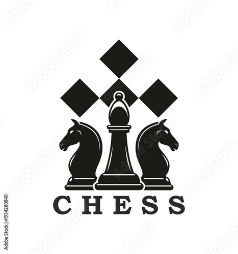 Chess sport club competition graphic icon or label. Chessboard competition emblem, board game vector sign. Business club symbol with bishop and knights on diamond pattern, symbolizing strategy