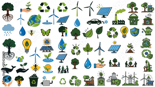 Sustainable green energy vector icon collection to protect environment, promoting renewable resources, clean technology, and ecological conservation worldwide.