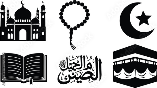 Flat vector mosque and kaaba icons with prayer beads quran open book crescent star and arabic calligraphy minimalist black silhouettes arranged in layout for ramadan celebration