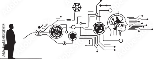 "Artificial intelligence vector illustration showing executive silhouette with interconnected science and technology icons symbolizing innovation and digital transformation"
