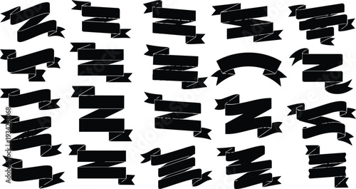 Vector art flat ribbon banner set multiple folded ribbons and curved pennants various angles close up isolated on white background bold silhouette graphic left perspective minimal