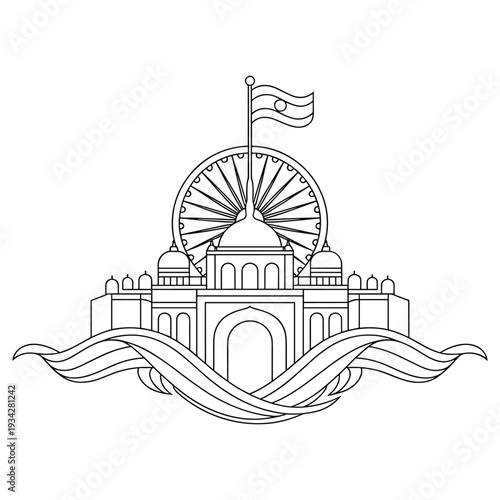 Abstract Indian national symbols including a monument and flag depicted with flowing lines