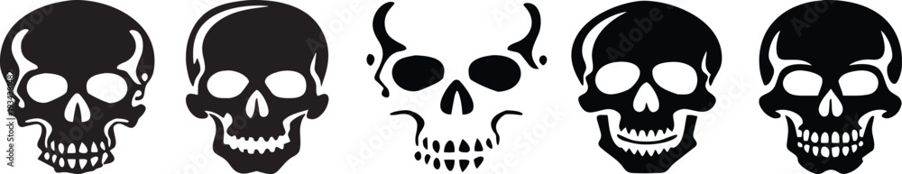 Fototapeta premium “Skull Silhouette Vector Set – Black Human Skull Icons, Horror Art Design, and Gothic Skeleton Illustration”.