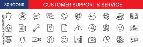 Customer Support Service Thin Line Icon Set