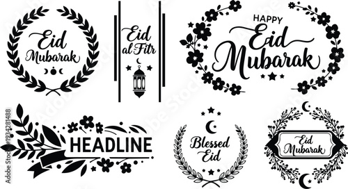 Minimalist black vector wreath and floral frames with eid mubarak lettering and lantern motif close up top view includes crescent moon stars for holiday greeting mockup