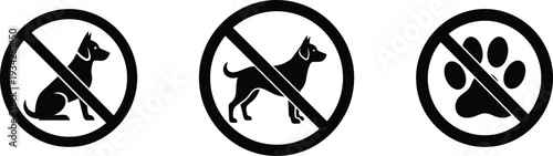 No dogs allowed signs with sitting dog standing dog and paw print