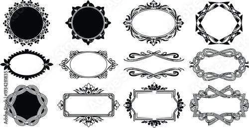 Vintage ornamental frame set flat design twelve decorative borders oval rectangular laurel floral filigree scrollwork vector silhouettes isolated black on white minimal scalable editable close up