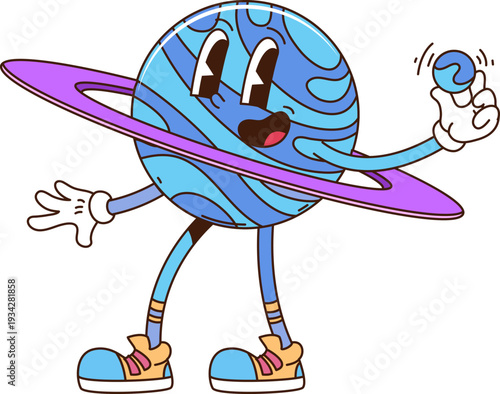Space planet cartoon groovy funny character. Galaxy exploration hippie character, cosmos discovery groovy vector personage. Astronomy space research blue fantasy planet with purple ring cute mascot