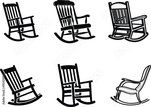 rocking chairs in different styles and designs are shown  various wooden and modern furniture pieces