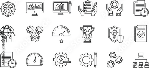 Business productivity icons set with global connectivity, data analysis, teamwork, workflow, performance, innovation, achievement