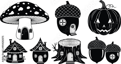 Whimsical black and white mushroom house close up with carved pumpkin and acorn houses surrounding tree stump home in vector line art with round door windows