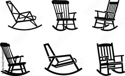 set of six different rocking chairs in black silhouette on white background
