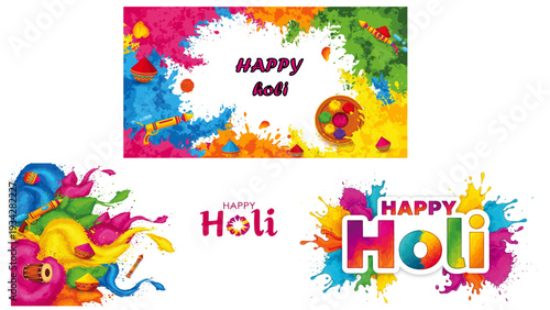 Colorful Holi celebration banner with vibrant powder paint splashes creates festive background for joyful spring festival greeting design template artwork.