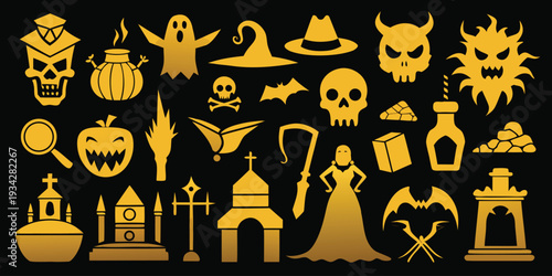 Burning candles and fire vector set with Halloween spooky icons and symbols