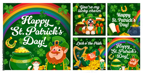 Happy St Patrick's Day festive greeting banners for Irish holiday, cartoon vector. Funny leprechauns with gold coins pot and rainbow, lucky horseshoe and shamrock clovers for Saint Patrick greetings