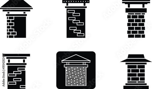 Minimalist vector column and chimney icon set showing six different brick pillar designs front view close up black silhouettes on white background with flat design scalable