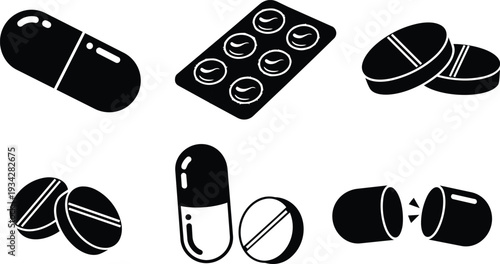 Minimalist vector icon set showing pills and capsules in top and side views blister pack open capsule splitting tablet black silhouette flat design simple medical pharmacy