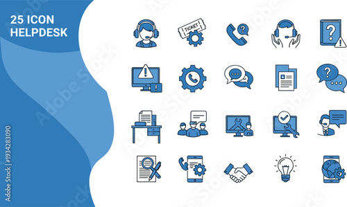 Helpdesk and customer support icons set with agents, tickets, chat, communication, troubleshooting, solutions, technology