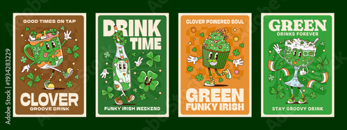 Patrick's day groovy funky Y2K posters for Irish holiday, vector retro cartoon. Groovy funny green cupcake character with hippie drink bottle and coffee cup with shamrock clovers and St Patrick quotes