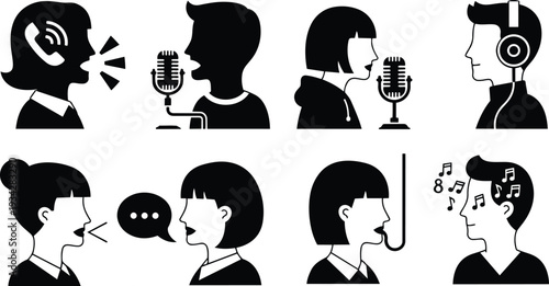 Minimalist black silhouette podcast icons set showing side profiles speaking and listening with microphones headphones speech bubbles and recording gestures in flat vector art close up