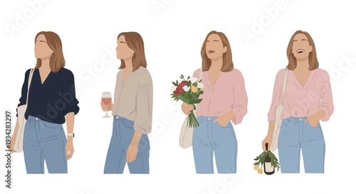 A collection of stylishly illustrated women in casual outfits, holding drinks and flowers, depicted on a white background