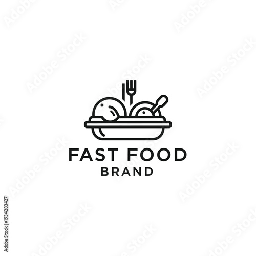 Fast food lunch box outline logo with fork and spoon on transparent