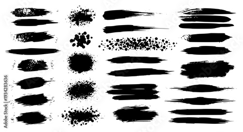 Brushstrokes grunge vector set with black textures and effects featuring paint, abstract, art with design and graphics