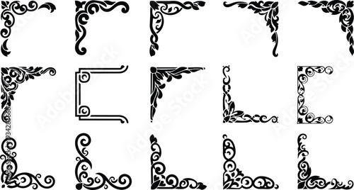 Vintage ornamental corner flourishes set close up vector art black decorative corner elements arranged multiple angles isolated on white background scalable svg png mockup high resolution