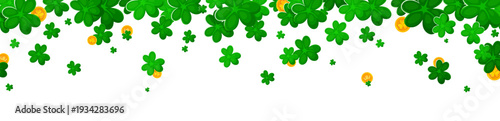 Happy St Patrick's day holiday border with green shamrock clover leaves and gold coins scattered across top. Festive Irish background with lucky symbols. Cartoon vector decorative frame or banner