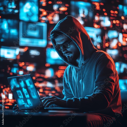 Guy in a hoody using a laptop, surrounded by virtual video shots on a digital background, symbolizing the future of content creation and online media