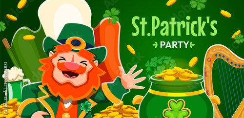 St Patrick's Day party flyer for Irish holiday fest with leprechaun and golden coins, vector invitation. Saint Patrick's party flyer with happy smiling leprechaun, Ireland flag and green beer mug