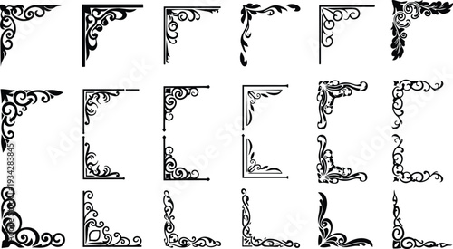 Ornamental corner vector art set close up decorative flourishes for vintage frame border in black and white high contrast isolated elements for graphic design mockup collection
