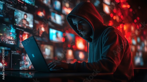 Guy in a hoody using a laptop, surrounded by virtual video shots on a digital background, symbolizing the future of content creation and online media