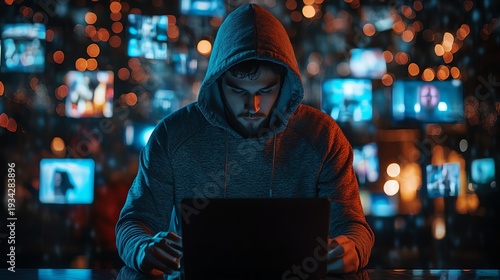 Guy in a hoody using a laptop, surrounded by virtual video shots on a digital background, symbolizing the future of content creation and online media