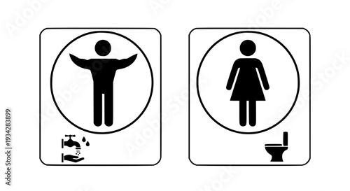 Signs gender neutral and female restroom with icons and symbols featuring toilet sign, bathroom signage, public