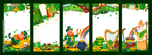 Happy St Patrick Day social media posts and photo frames, vector templates Funny leprechaun on gold coins, Paddy character with shamrock clovers and horseshoe for Saint Patrick social media greeting