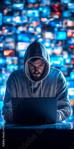 Guy in a hoody using a laptop, surrounded by virtual video shots on a digital background, symbolizing the future of content creation and online media