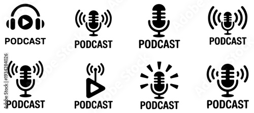 podcast microphone audio icon set