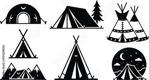 Minimalist monochrome flat design collection of camping tents and teepees set viewed from low angle with mountains pine tree moonlit night silhouette icons mockup svg png