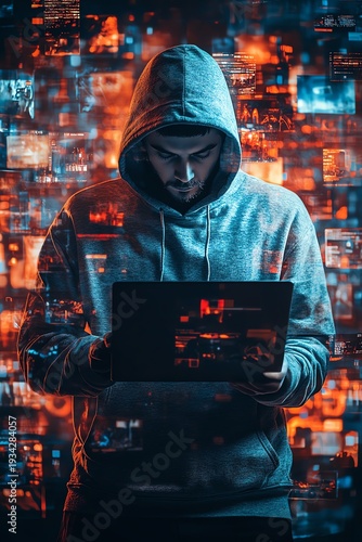Guy in a hoody using a laptop, surrounded by virtual video shots on a digital background, symbolizing the future of content creation and online media