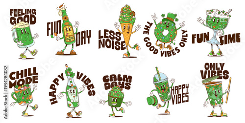 Happy Patrick's Y2K groovy stickers with funky characters for Irish holiday, cartoon vector. Groovy stickers with funny green ale beer pint, shamrock clovers and hippie donut with St Patrick quote