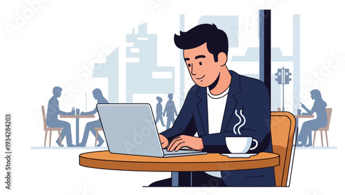 A man in a modern outfit works remotely on a laptop at a small table with a coffee cup in a flat 2D stylized urban cafe setting.