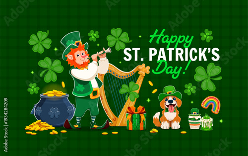 Cartoon leprechaun and funny dog in green hat for Happy Saint Patrick's Day, vector greeting card. Leprechaun playing flute with Celtic harp, shamrock clover and rainbow cookie for St Patrick greeting