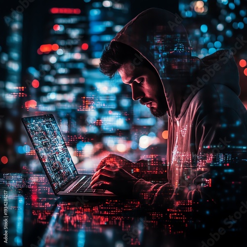 Guy in a hoody using a laptop, surrounded by virtual video shots on a digital background, symbolizing the future of content creation and online media