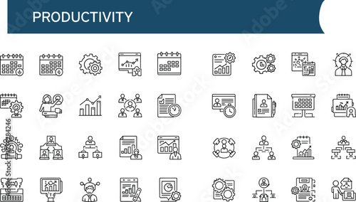Productivity line icons set, business efficiency time management performance growth vector outline collection isolated on white